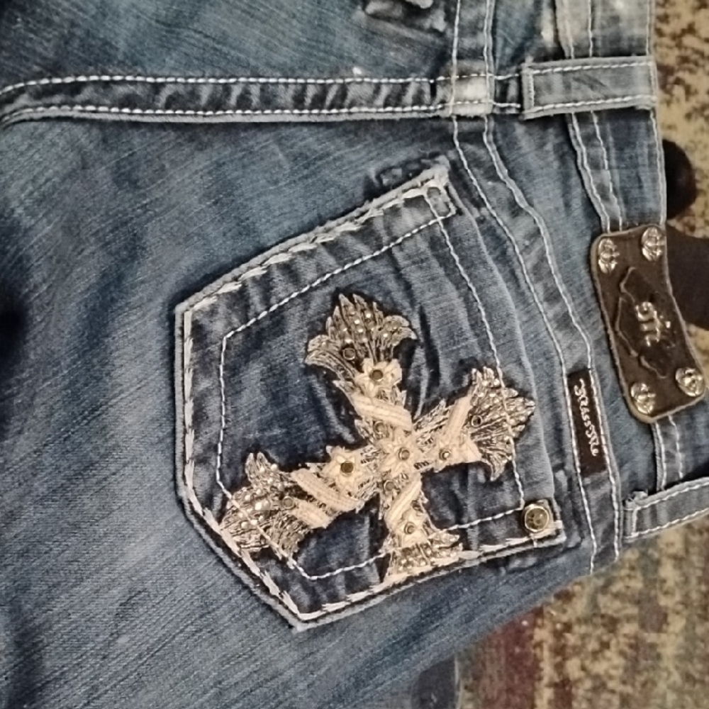Blue Denim Jeans with Embellished Cross